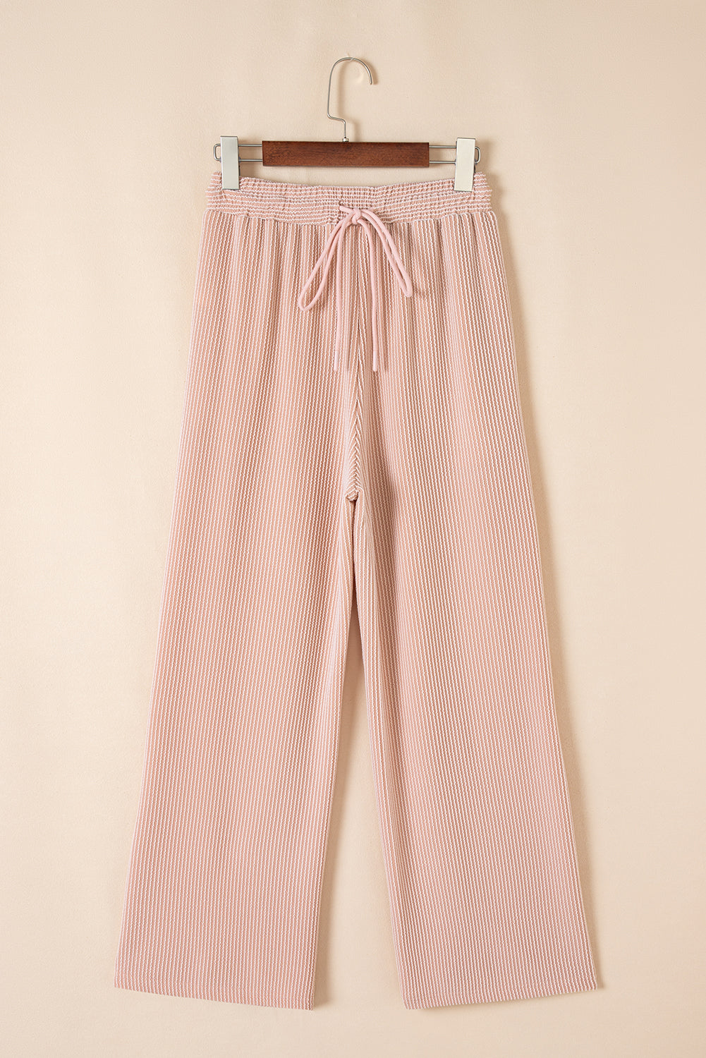 Blue Solid Corded Knit Short Sleeve T Shirt and Wide Leg Pants Set