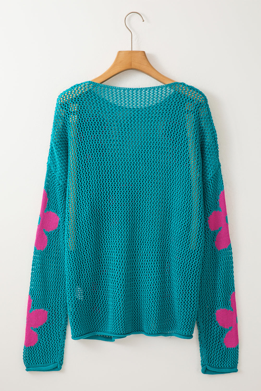 Light Pink Big Flower Hollowed Knit Drop Shoulder Sweater