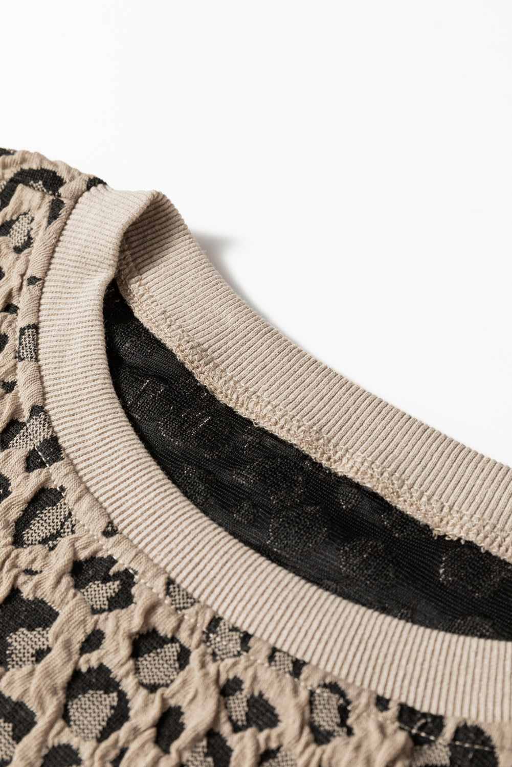 Khaki Leopard Textured Ribbed Trim Plus Size Long Sleeve Top