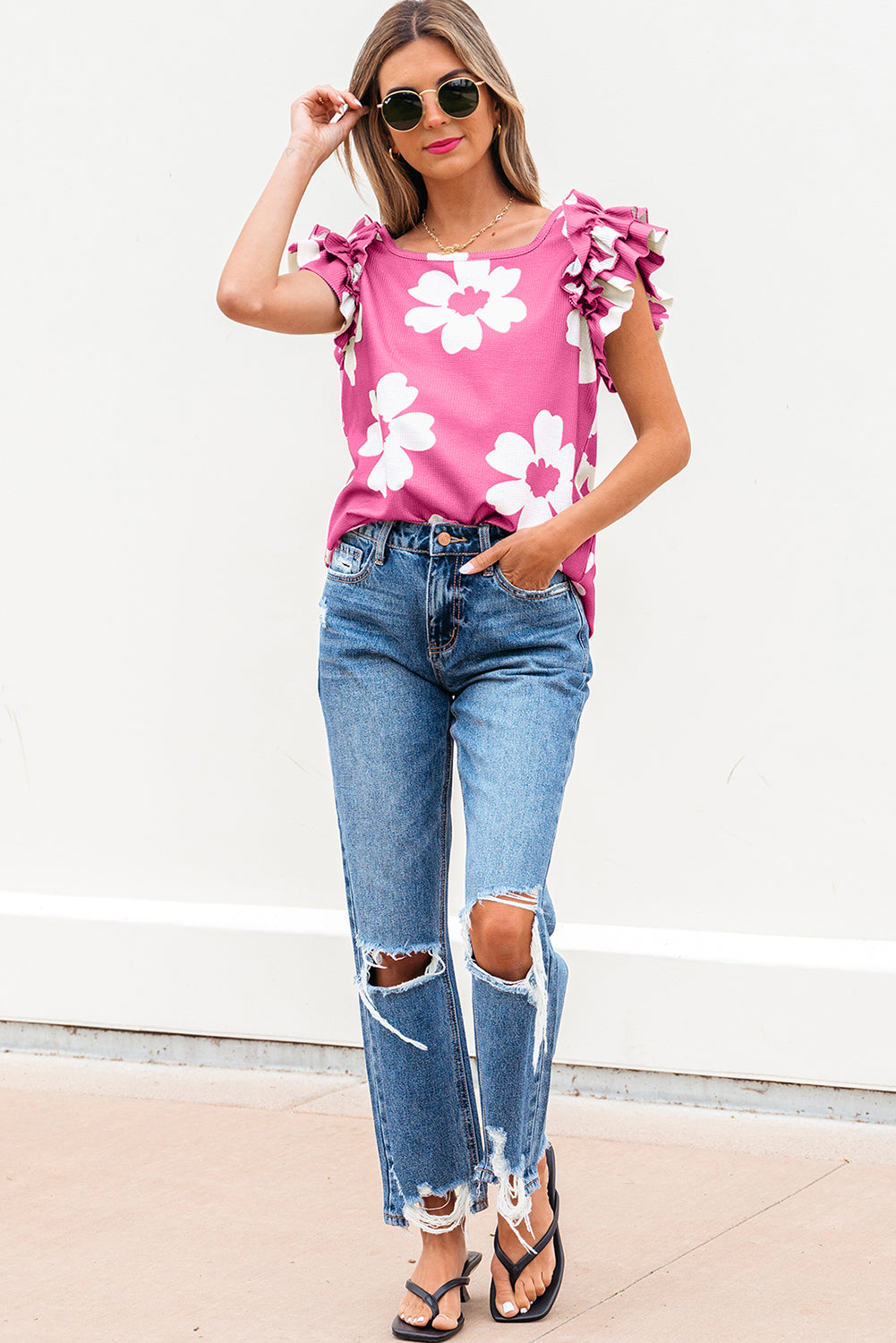 Brown Floral Textured Ruffled Short Sleeve Square Neck Blouse