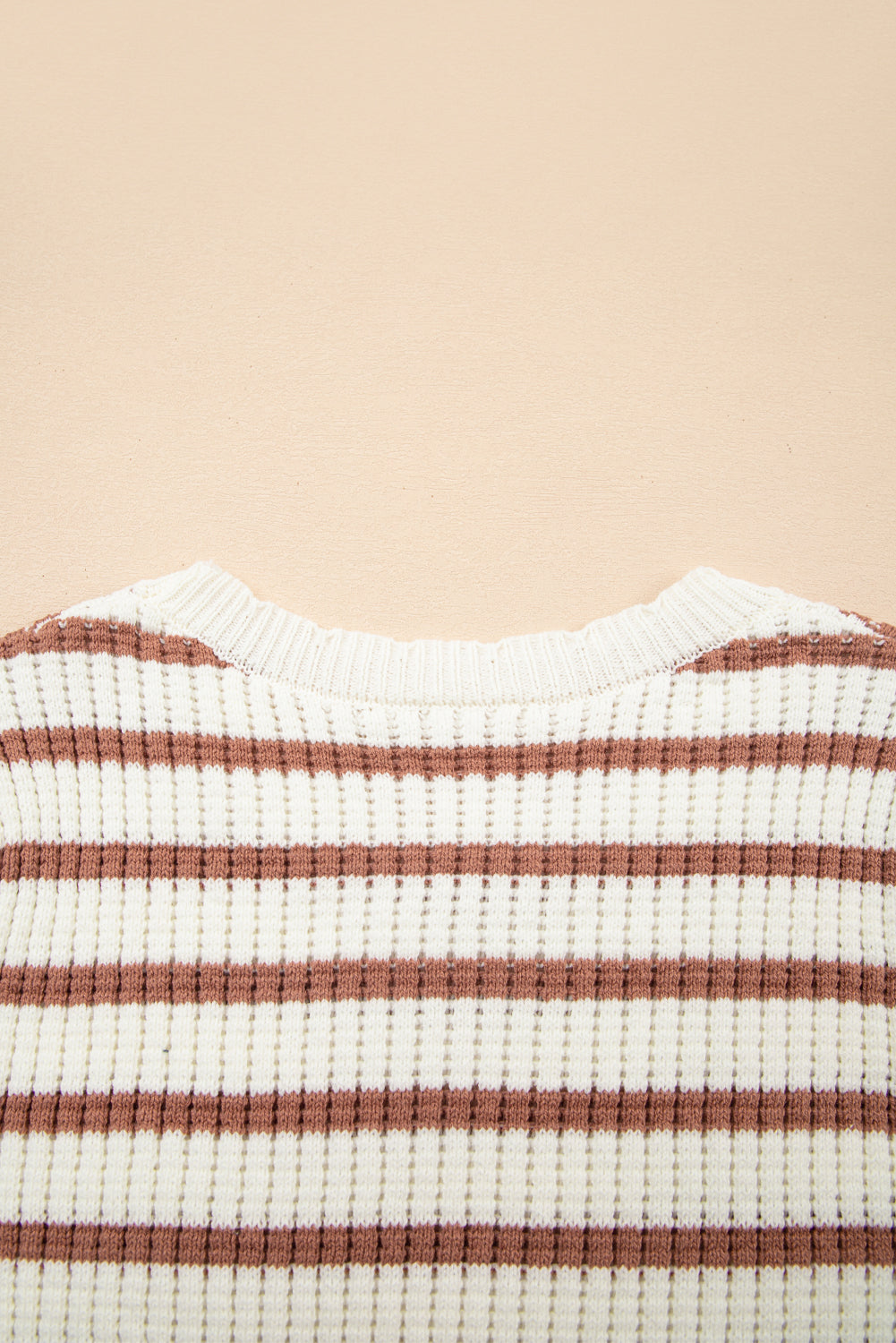 Khaki Stripe Scalloped Round Neck Short Sleeve Sweater