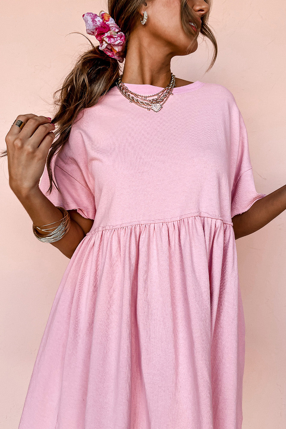 Sky Blue Solid Color Pocketed Raw Edge Babydoll Dress