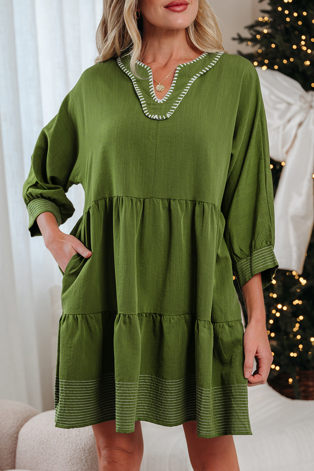 Black Contrast Stitched V Neck 3/4 Sleeve Tiered Mini Dress