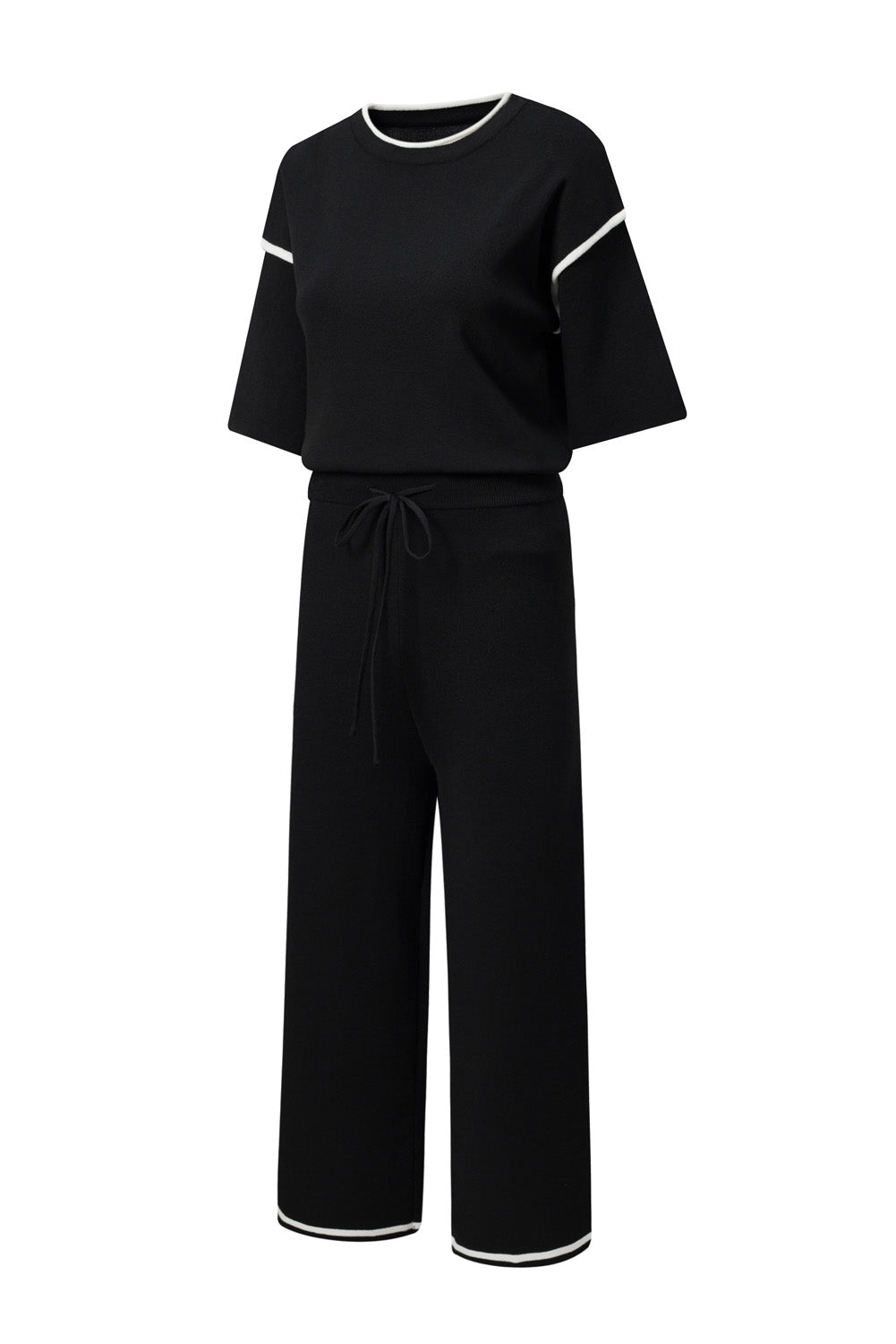 Blackish Green Contrast Trim Half Sleeve Top Drawstring Pants Loose 2pcs Sweater Suit