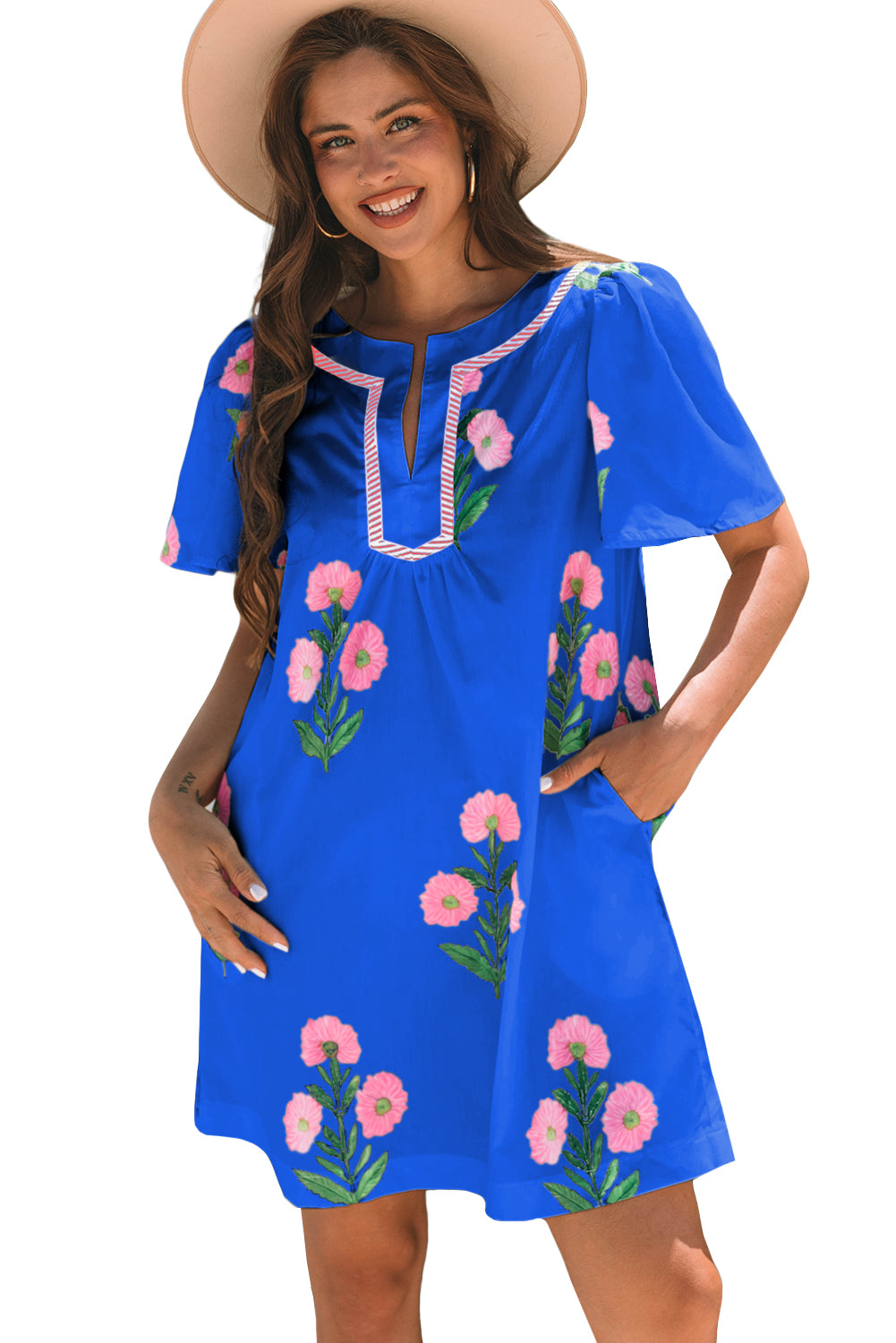 Apricot Floral Short Sleeve Split Neck Loose Mini Dress