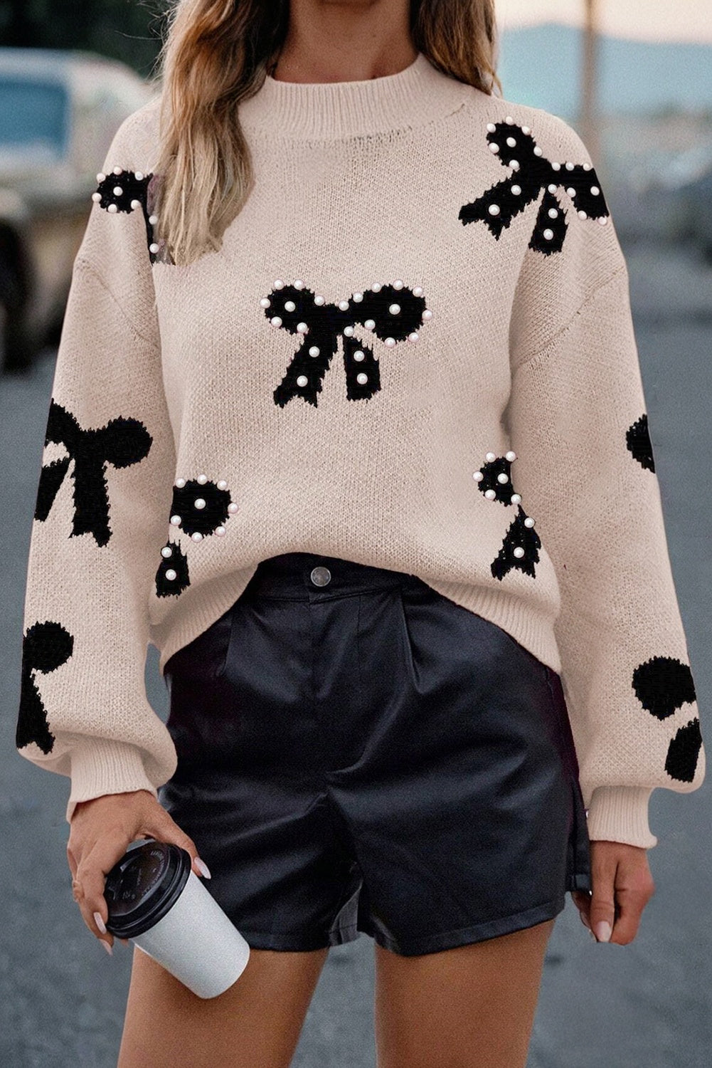 Bright Pink Pearl Embellished Bow Pattern Loose Sweater