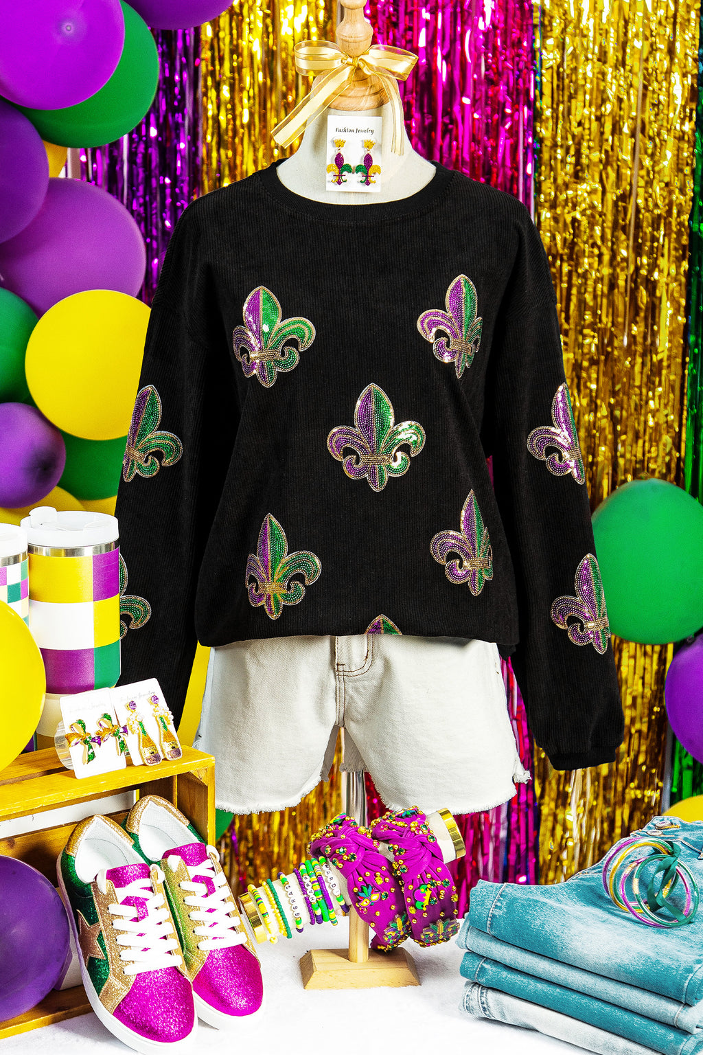 Black Corded Ribbed Sequin Fleur De Lis Graphic Pullover Sweatshirt