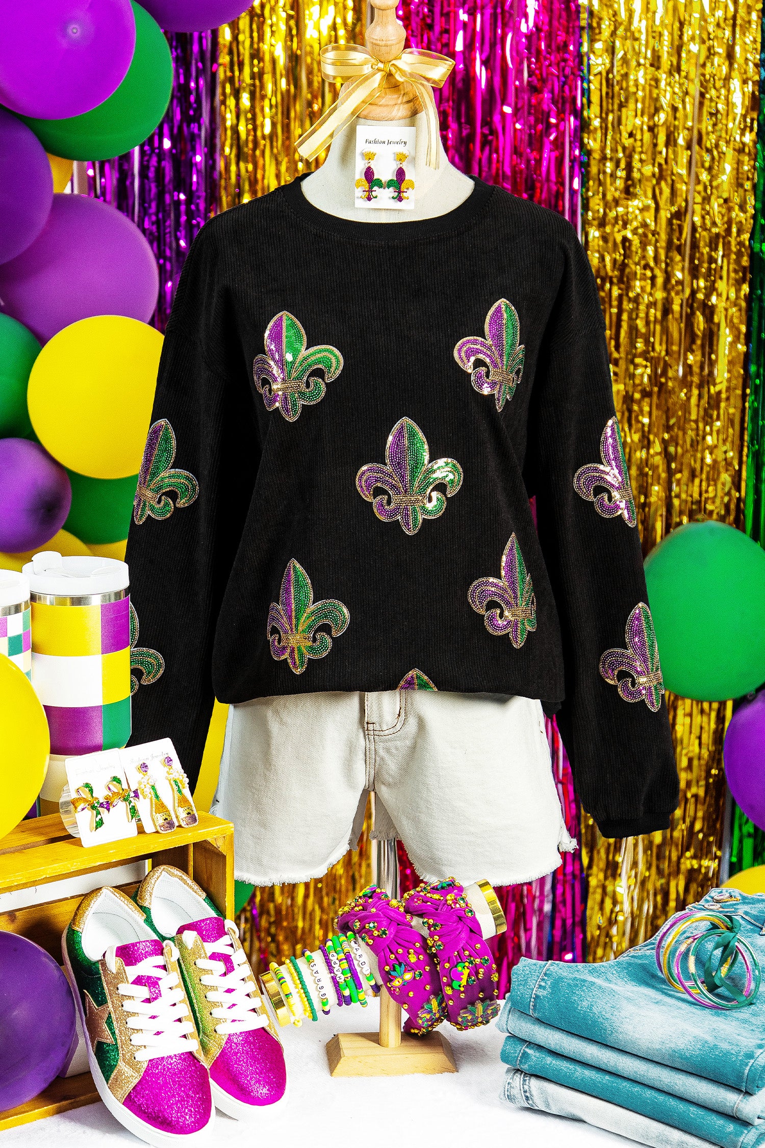 Black Corded Ribbed Sequin Fleur De Lis Graphic Pullover Sweatshirt