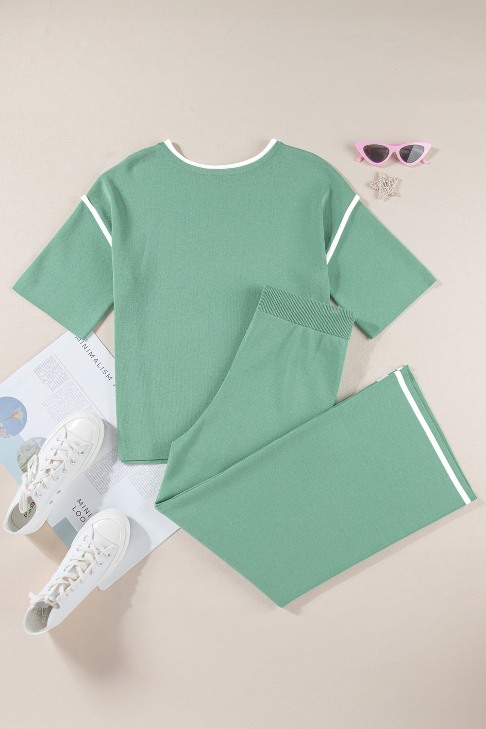 Blackish Green Contrast Trim Half Sleeve Top Drawstring Pants Loose 2pcs Sweater Suit