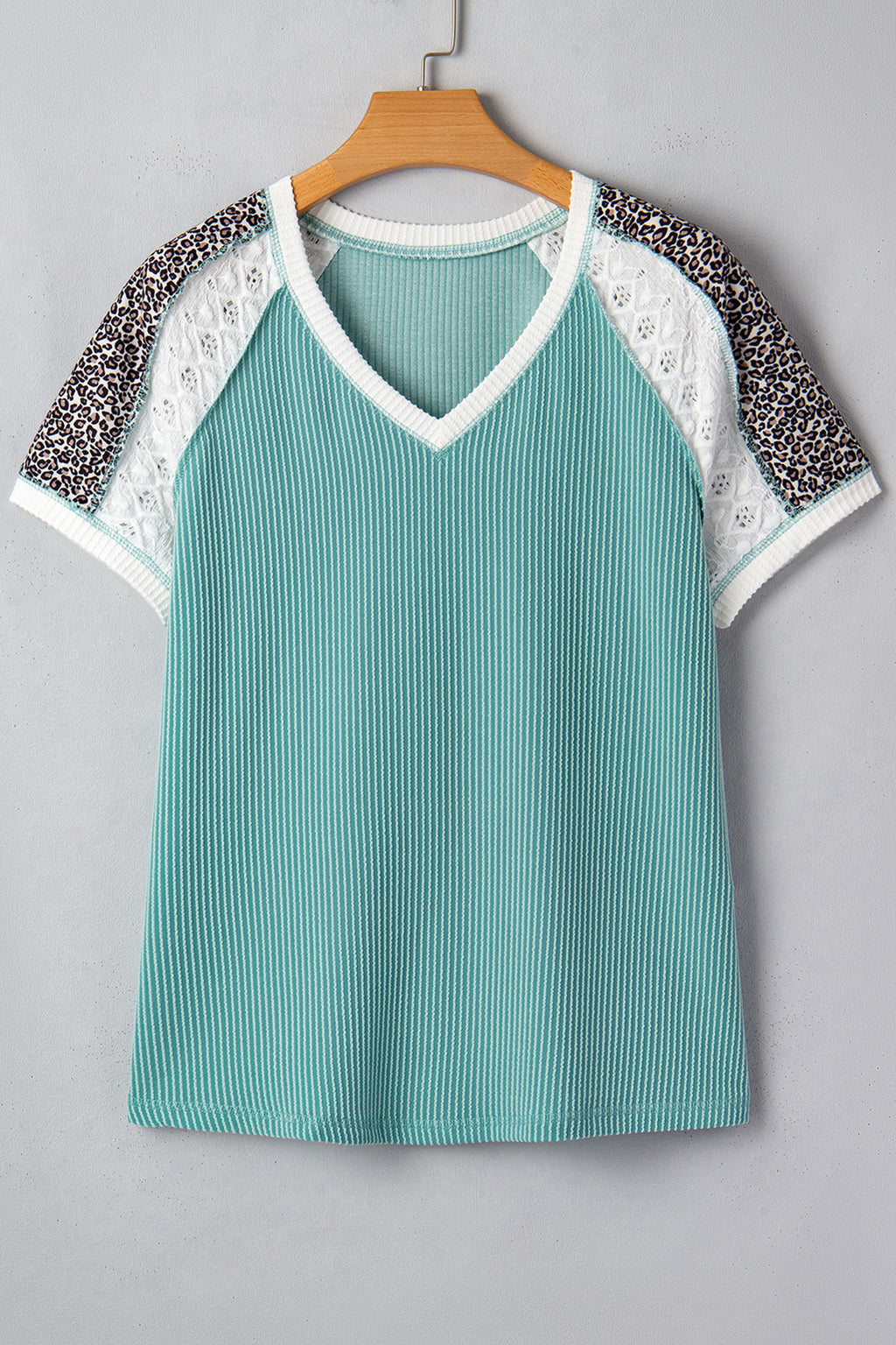 Dark Khaki Twisted Ribbed Leopard Lace Contrast Patchwork Long Sleeve Top