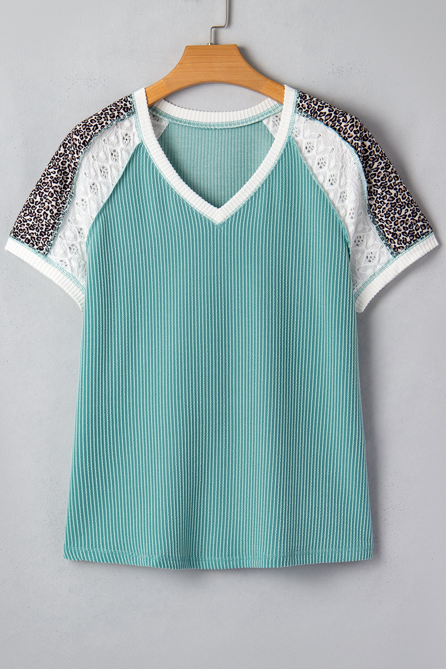 Dark Khaki Twisted Ribbed Leopard Lace Contrast Patchwork Long Sleeve Top