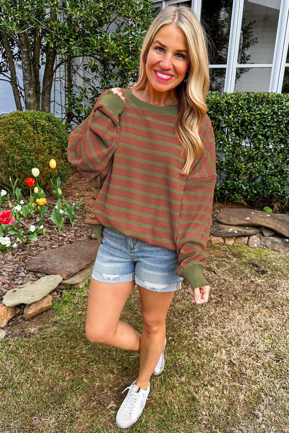 Orange Stripe Trimmed Round Neck Drop Shoulder Loose Sweater