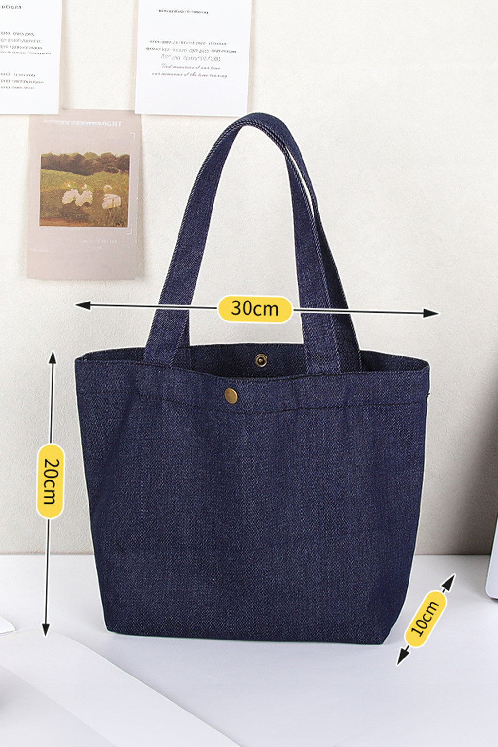 Navy Blue Vintage Denim Snap Button Tote Bag