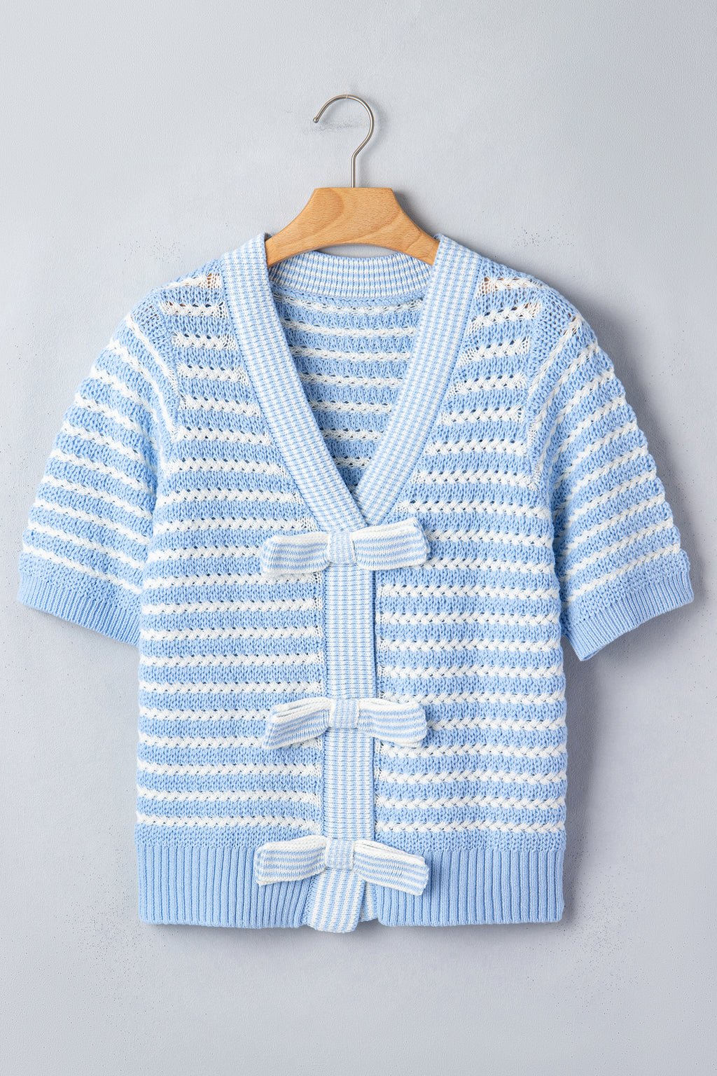 Green Stripe Short Sleeve Knit V Neck Bow Knot Sweater