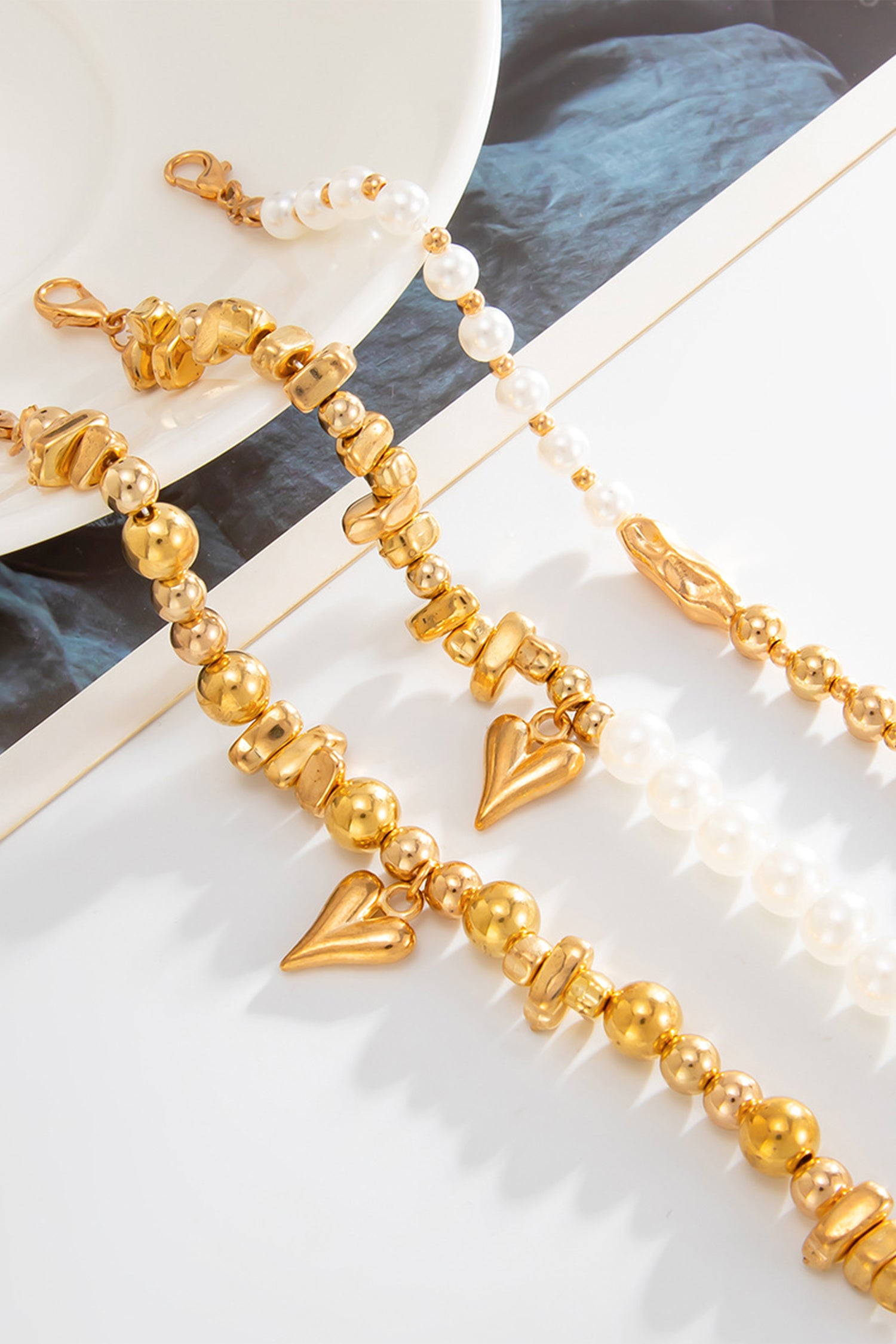 Gold 3pcs Irregular Beads Pearl Detail Bracelet Set
