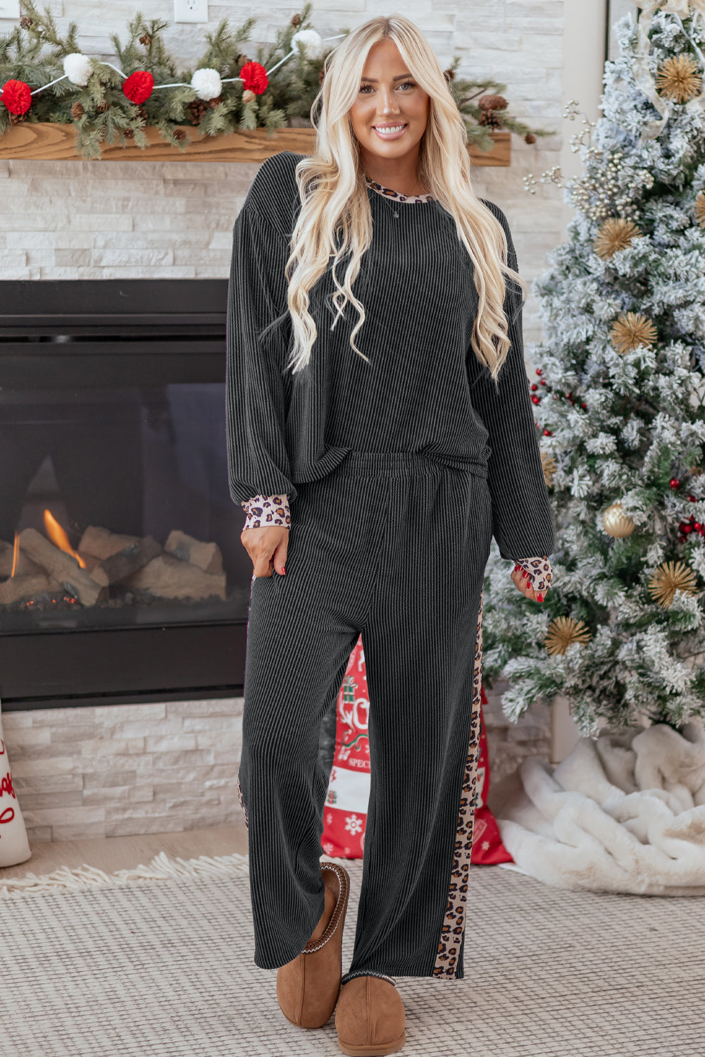 Carbon Grey Leopard Patchwork Edge Twisted Rib T Shirt and Cropped Pants Set