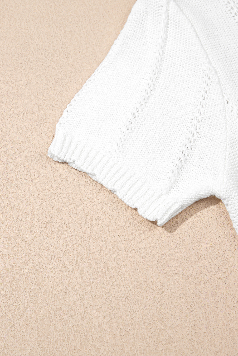 White Pointelle Knit Short Puff Sleeve Crewneck Sweater