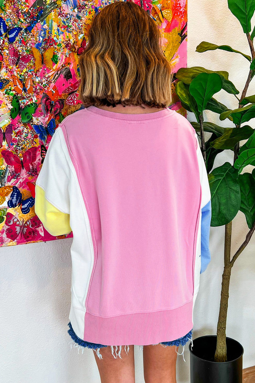 Bonbon Color Block Patchwork Sequin Baseball Patched Sweatshirt