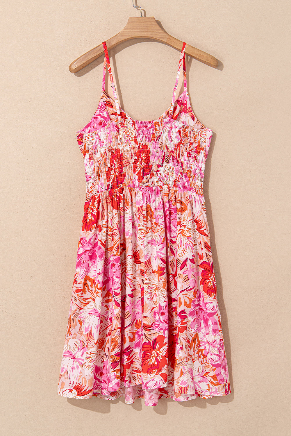 Sky Blue Floral Spaghetti Strap Surplice Neck Shirred Waist Mini Dress