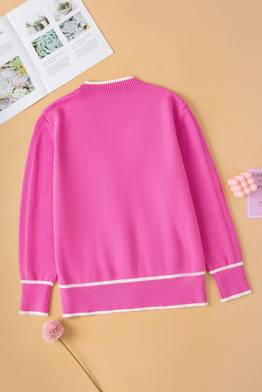 Bright Pink Color Contrast Side Pockets Button V Neck Cardigan
