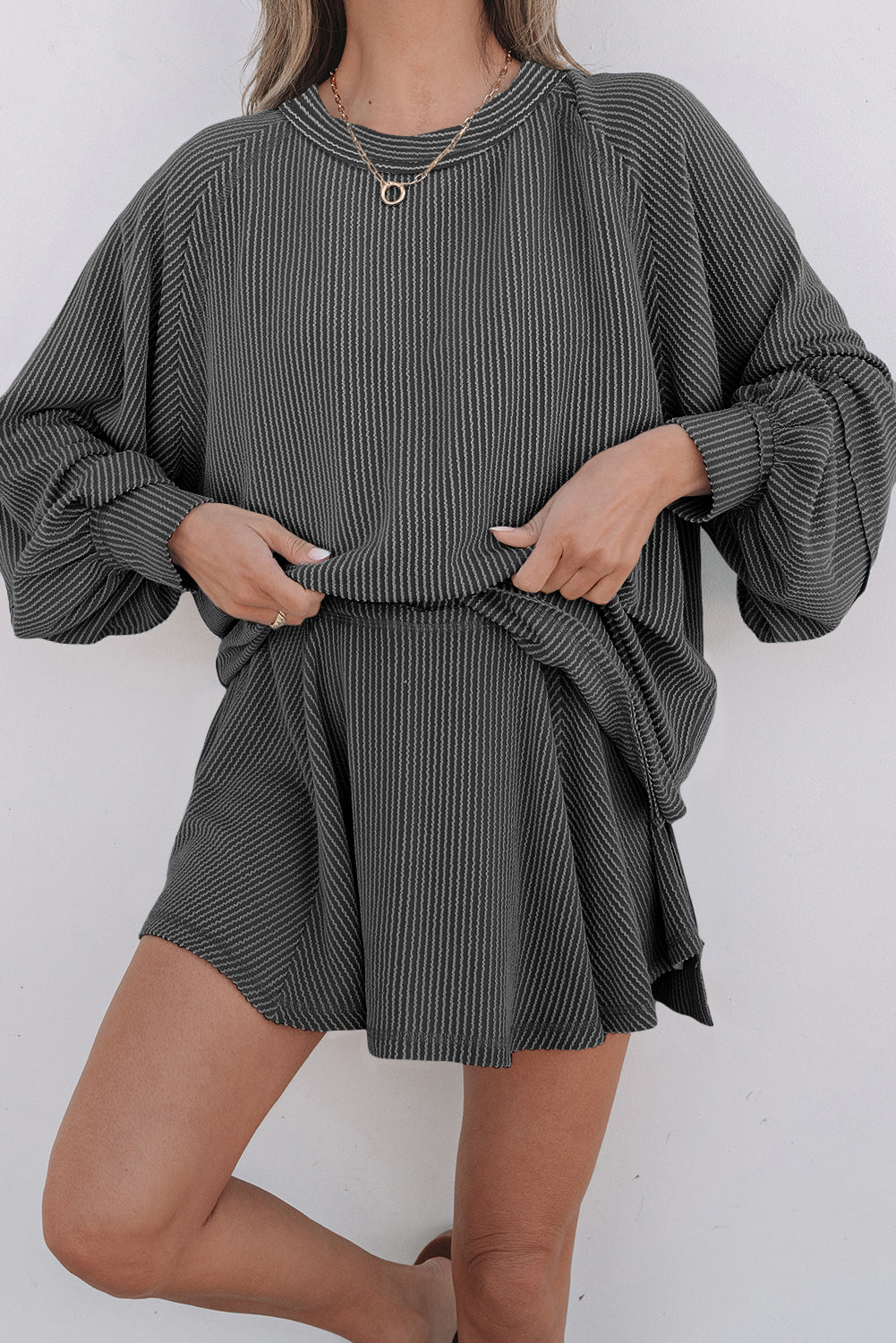 Jet Stream Corded Lantern Sleeve Top High Waist Ruffled Mini Skort Set