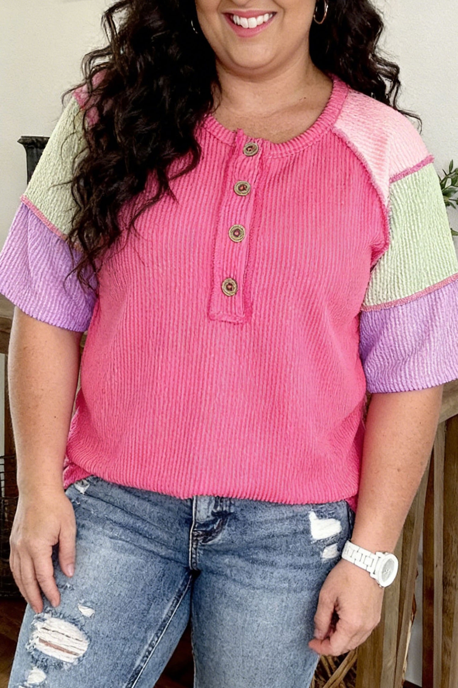 Bright Pink Twisted Ribbed Color Block Patchwork Henley Short Sleeve T Shirt