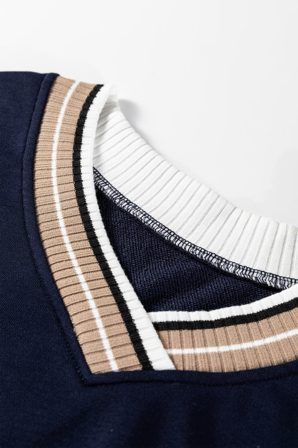 Gray Varsity Contrast Striped Trim V Neck Sweatshirt