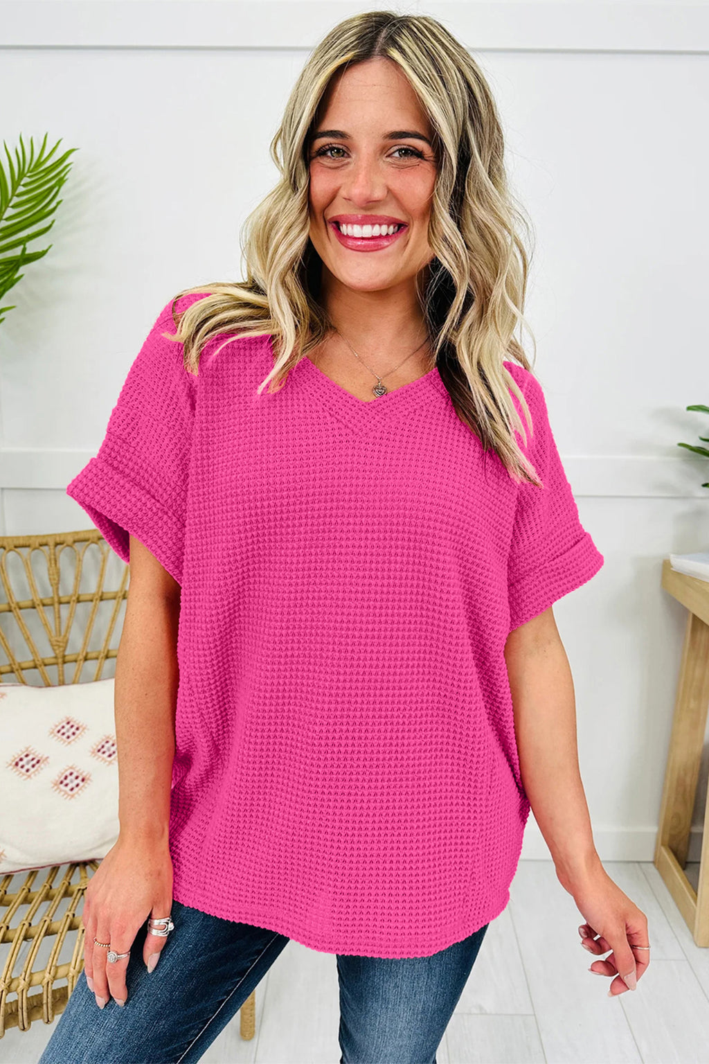 Wisteria Waffle V Neck Short Sleeve Knit Top