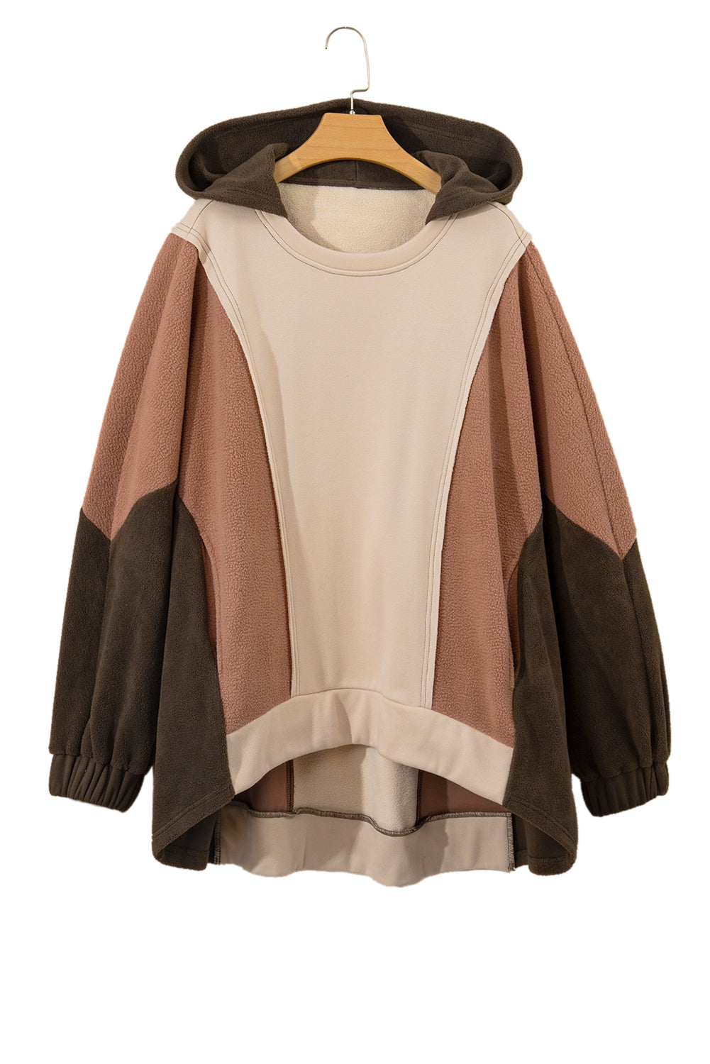 Beige Oversized Color Block Patchwork High Low Hoodie