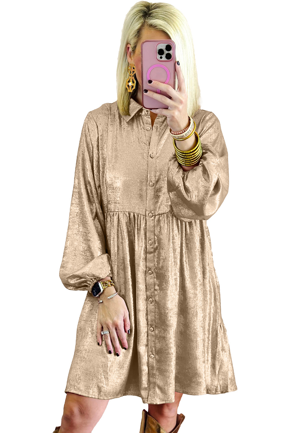 Dearlovers Gold Metallic Frilled V Neck Puff Sleeve Babydoll Blouse