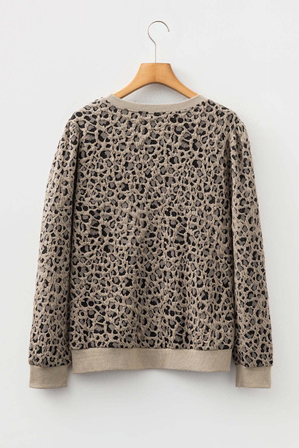 Khaki Leopard Textured Ribbed Trim Plus Size Long Sleeve Top