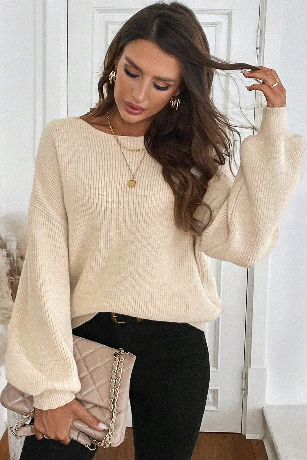 Black Ribbed Knit Ribbon Knot Backless Drop Shoulder Sweater