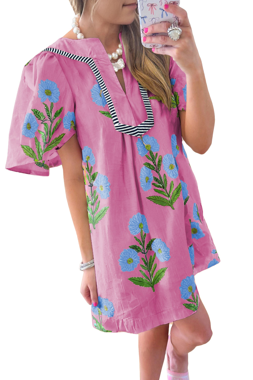 Apricot Floral Short Sleeve Split Neck Loose Mini Dress
