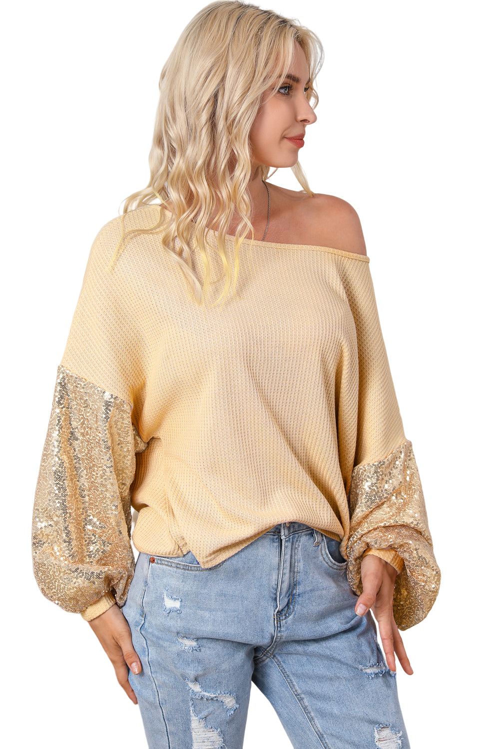Black Sequin Patchwork Sleeve Open Back Waffle Knit Top