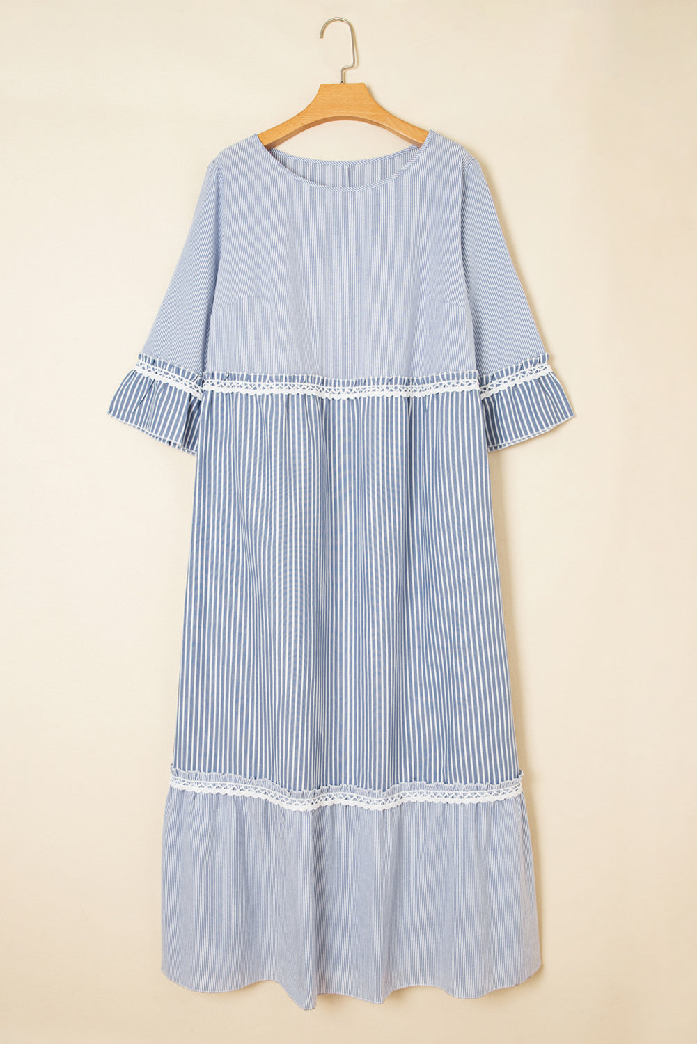 Sky Blue Stripe Patchwork Crossed Lace Detail Bracelet Sleeve Maxi Dress