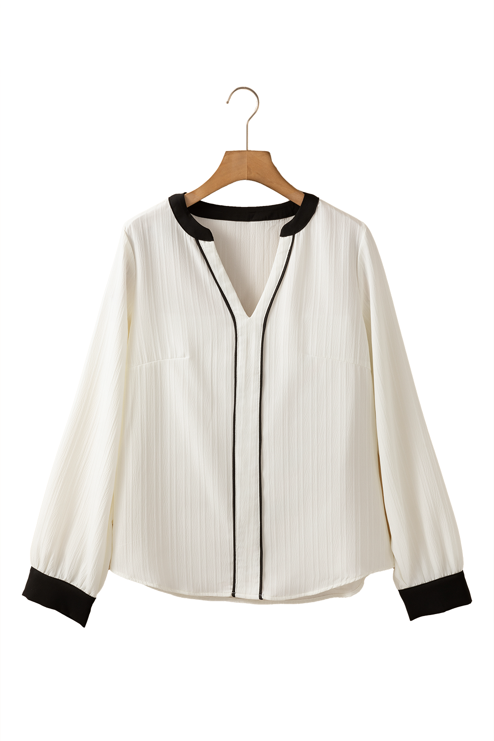 White Textured Colorblock V Neck Elegant Blouse