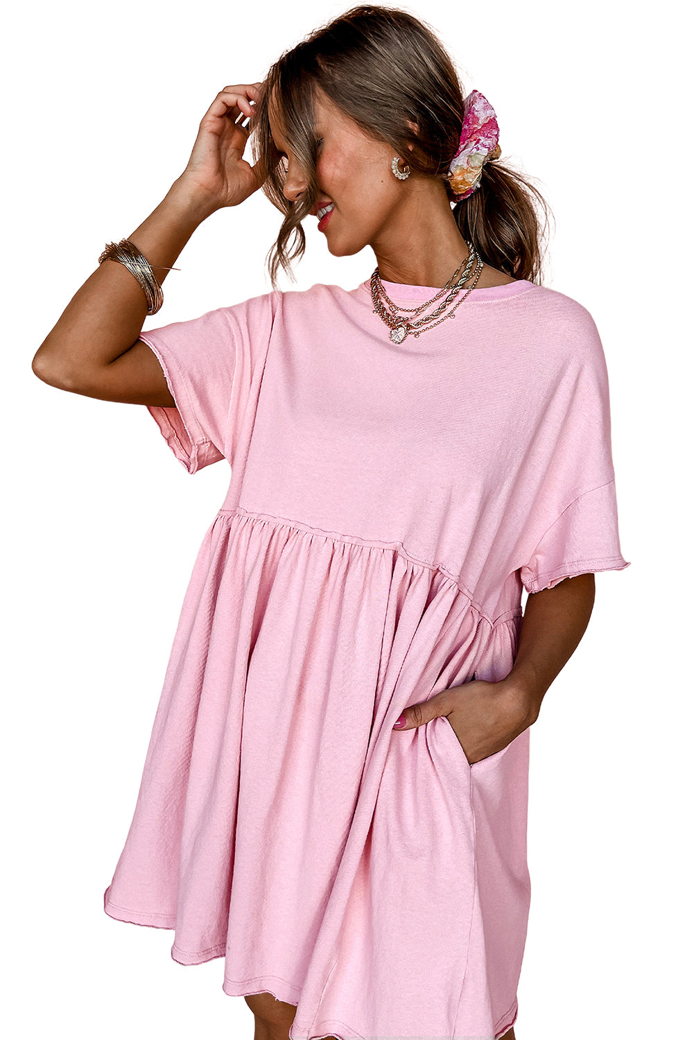 Sky Blue Solid Color Pocketed Raw Edge Babydoll Dress