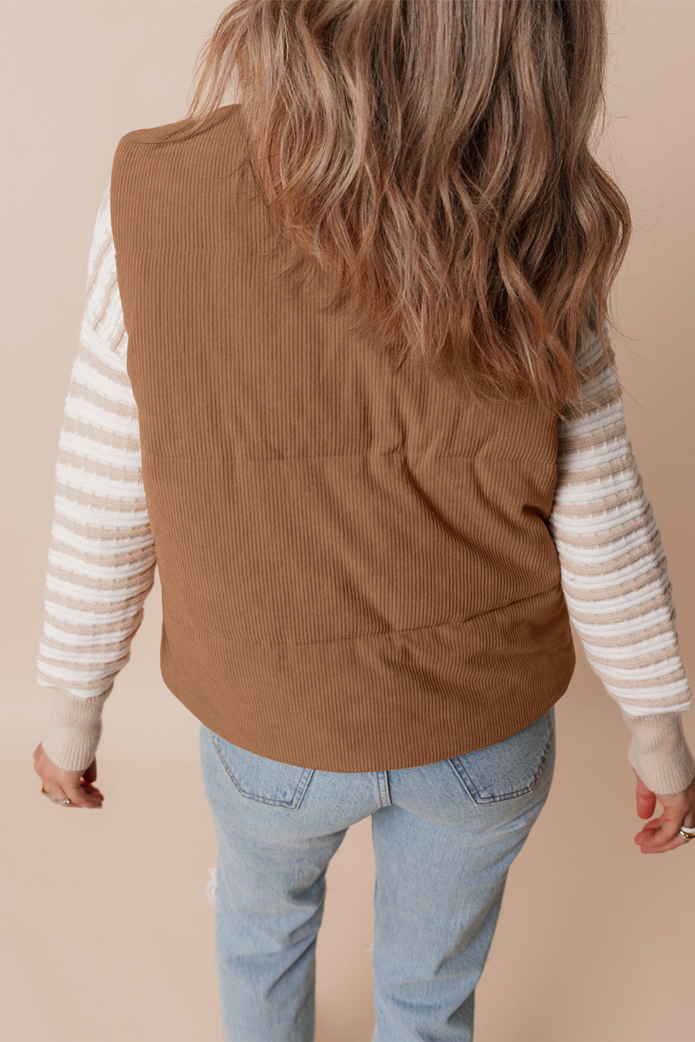 Beige Corduroy Stand Neck Zipped Puffer Vest