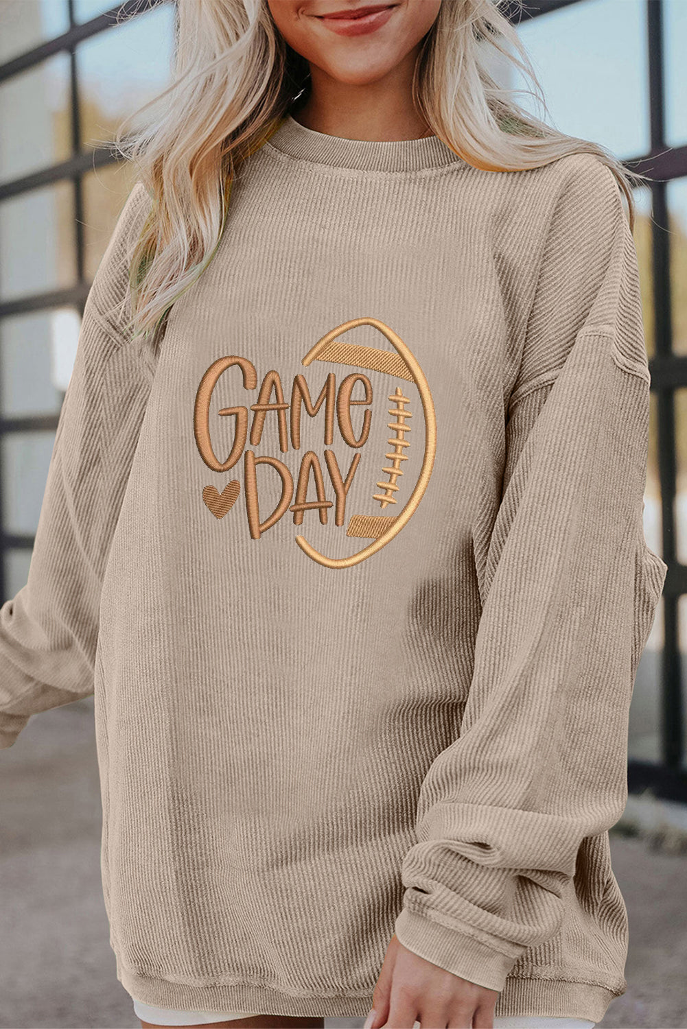 Apricot Rugby Game Day Embroidered Corduroy Sweatshirt