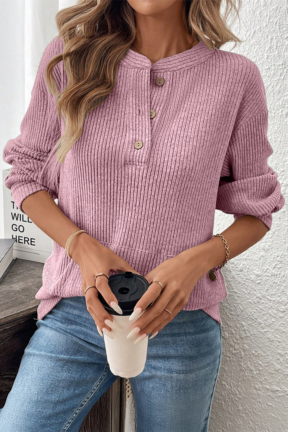 Simply Taupe Plus Size Ribbed Knit Kangaroo Pocket Henley Long Sleeve Top