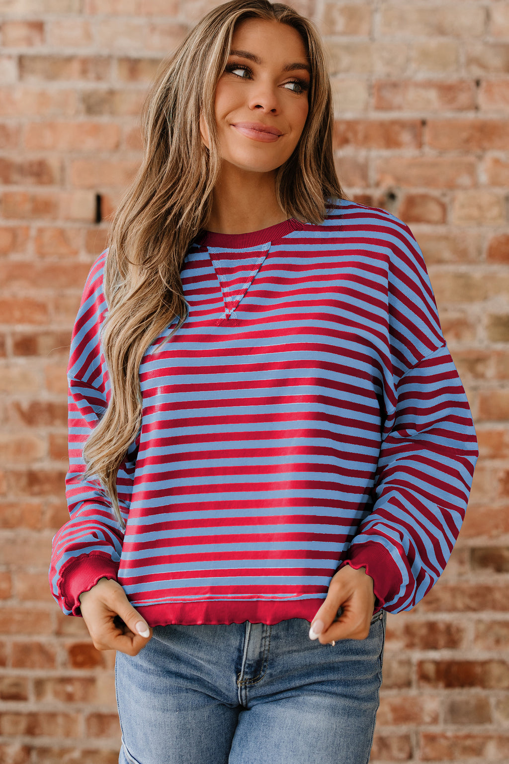 Green Stripe Exposed Seam Contrast Ribbed Trim Oversize Sweatshirt