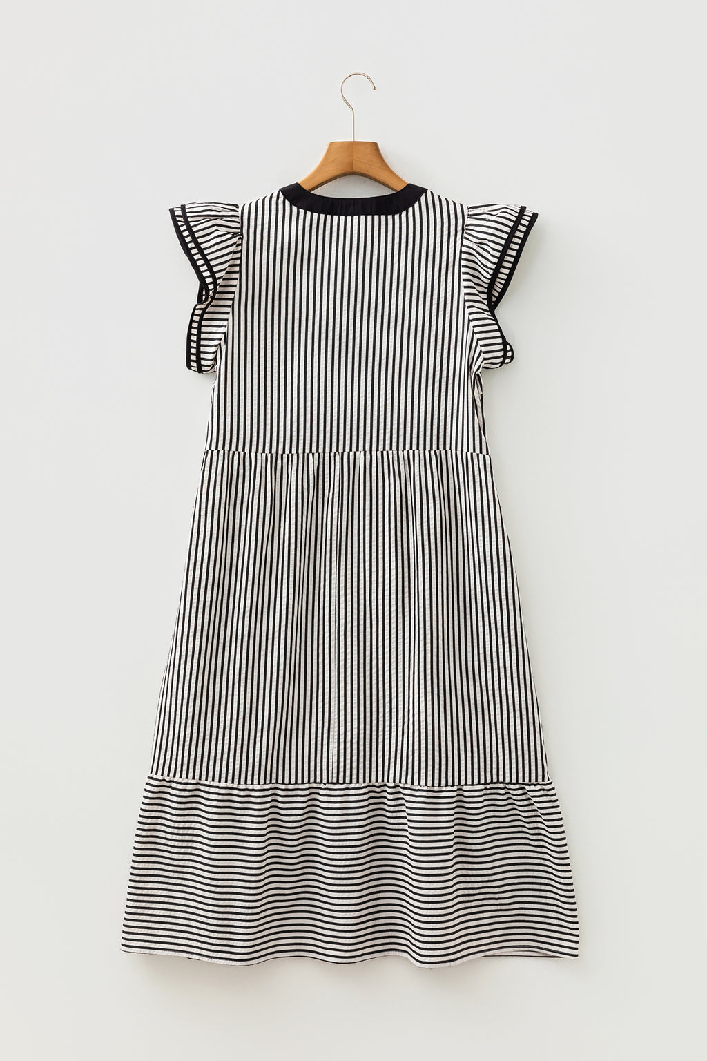 Brown Stripe Double Ruffled Short Sleeve Contrast Trim V Neck Midi Dress