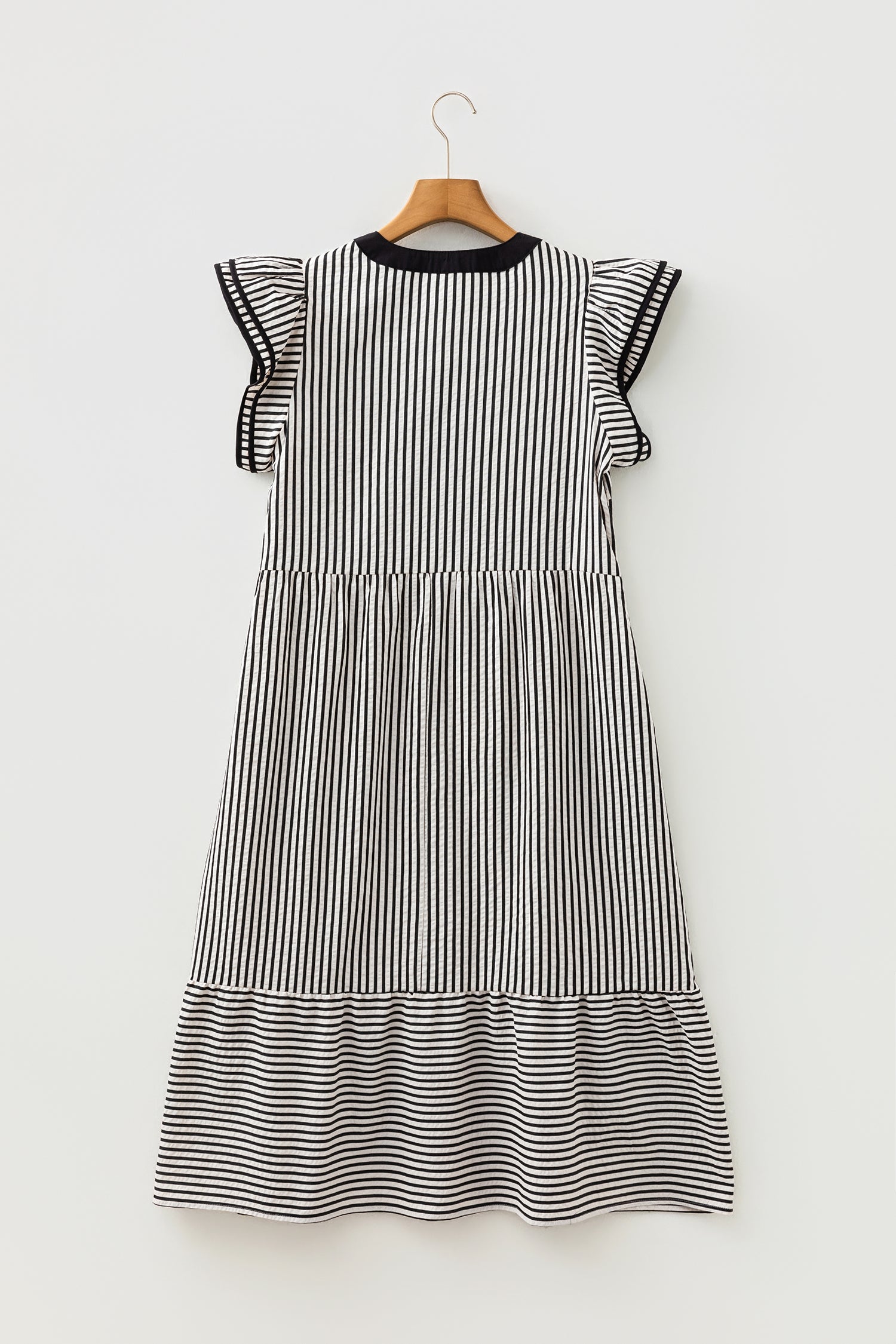 Brown Stripe Double Ruffled Short Sleeve Contrast Trim V Neck Midi Dress