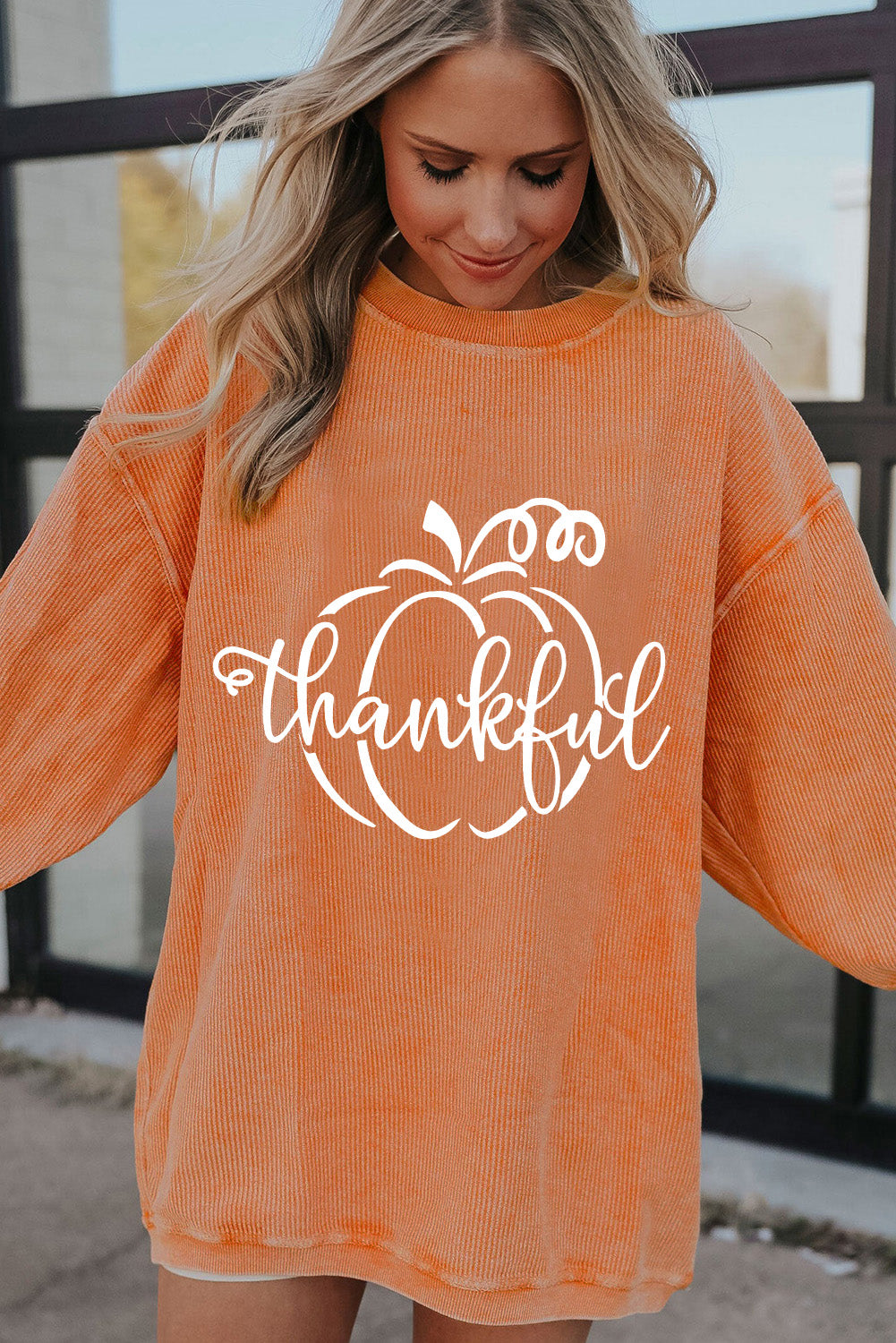 Orange Thankful Ribbed Crew Neck Thanksgiving Sweatshirt