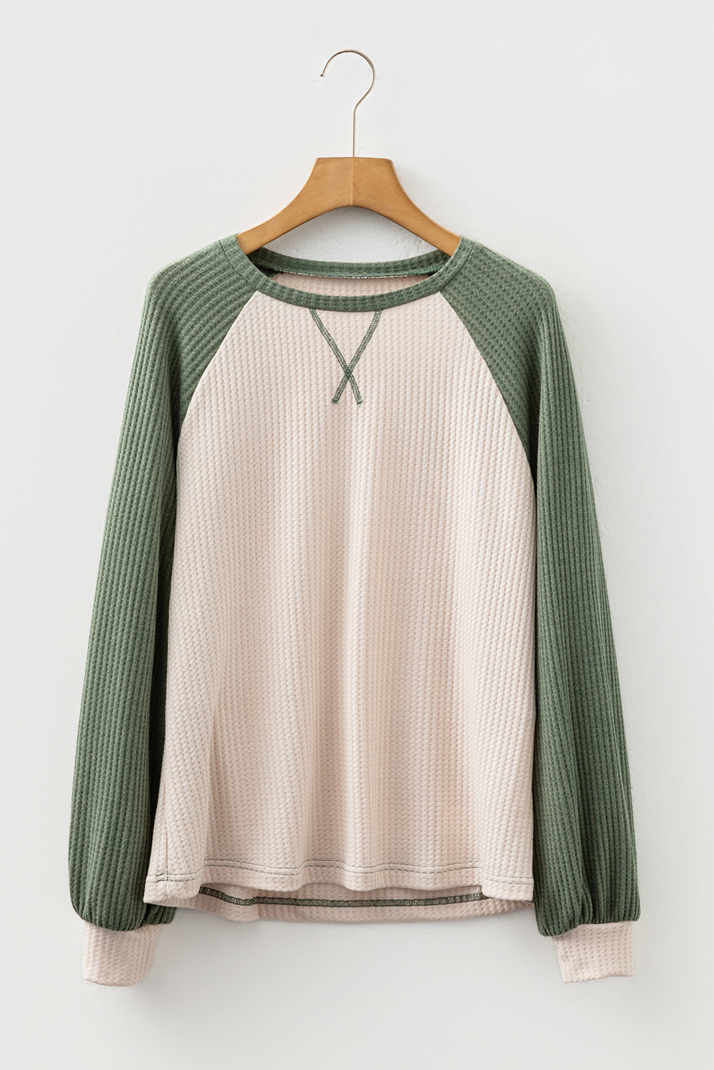 Mist Green Plus Size Waffled Color Block Long Sleeve Top