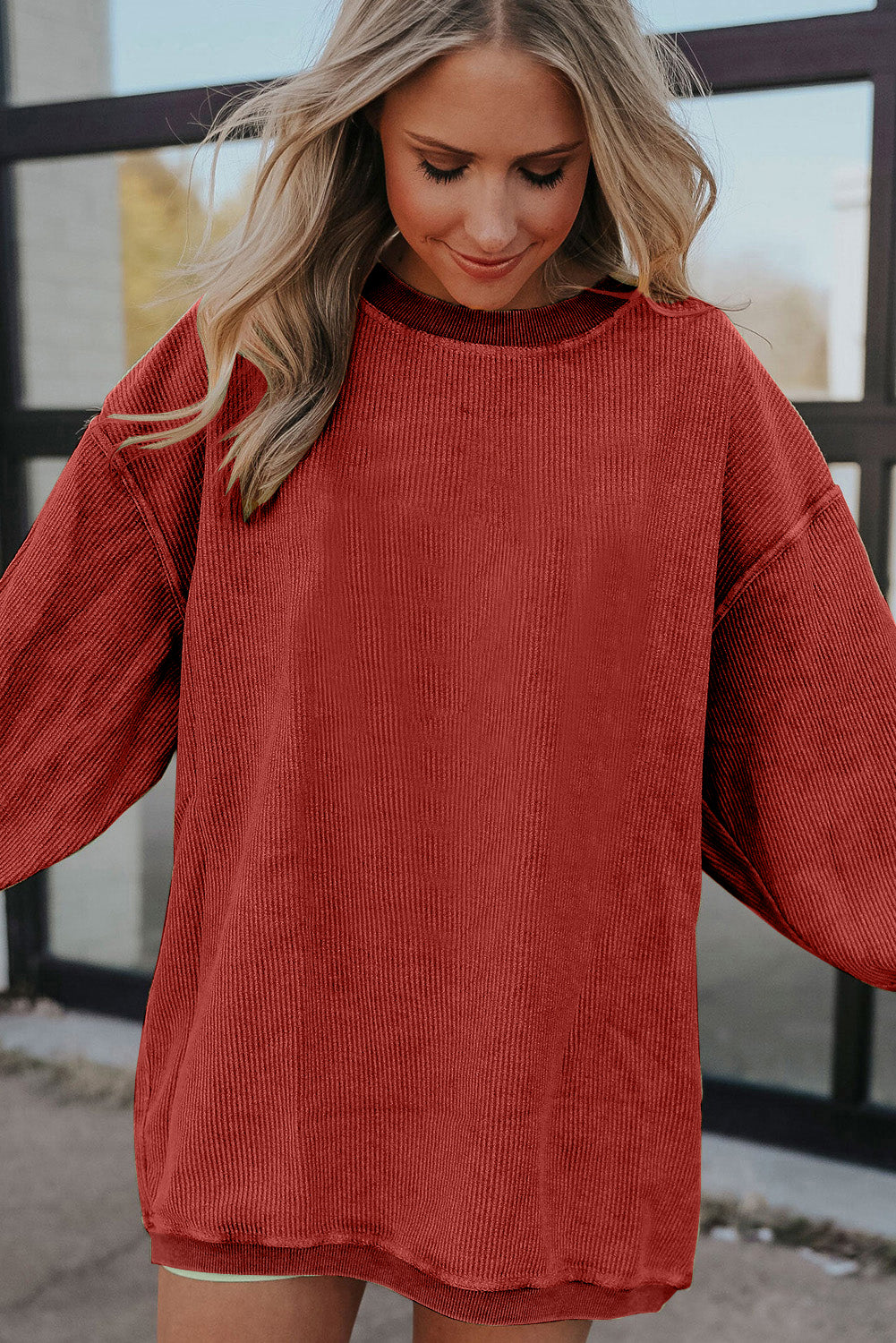 Grass Green Ribbed Corded Oversized Sweatshirt