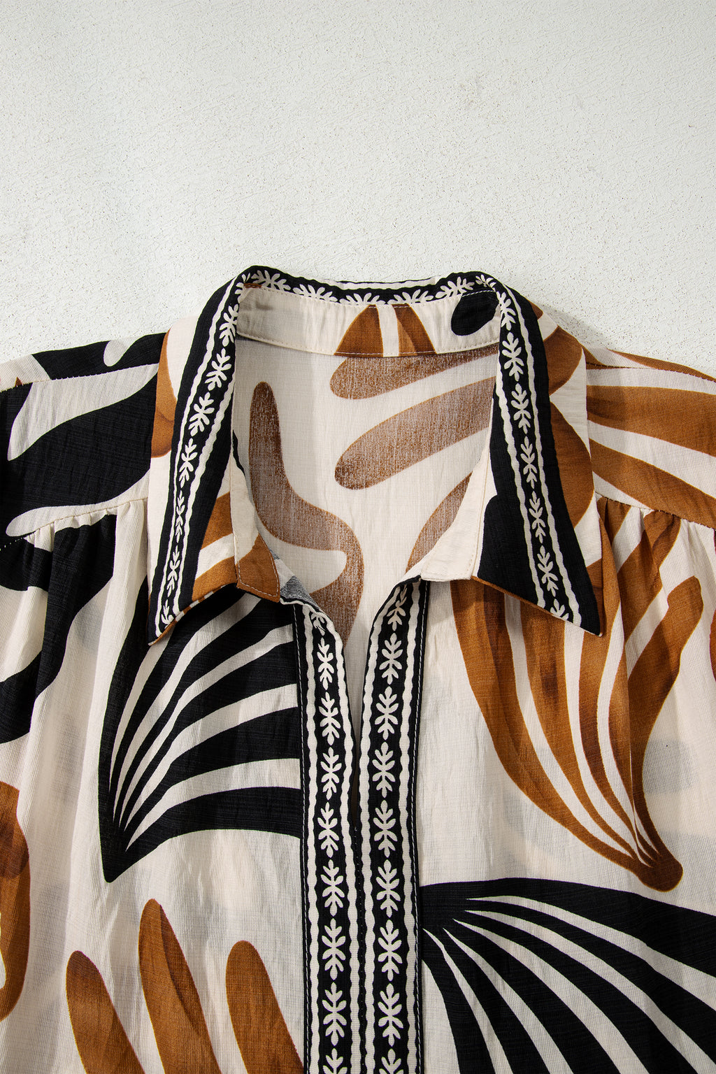 Brown Tropical Printed Contrast Trim Neck Long Sleeve Ruffle Hem Dress