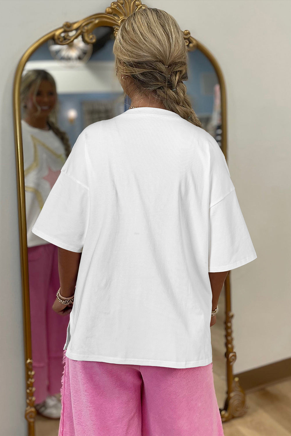 Light Pink Eyelet Lace Star Applique Plus Size T Shirt