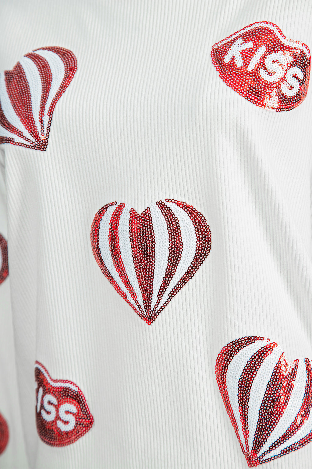 White Corded Ribbed Sequin Patched Valentines Day Graphic Sweatshirt