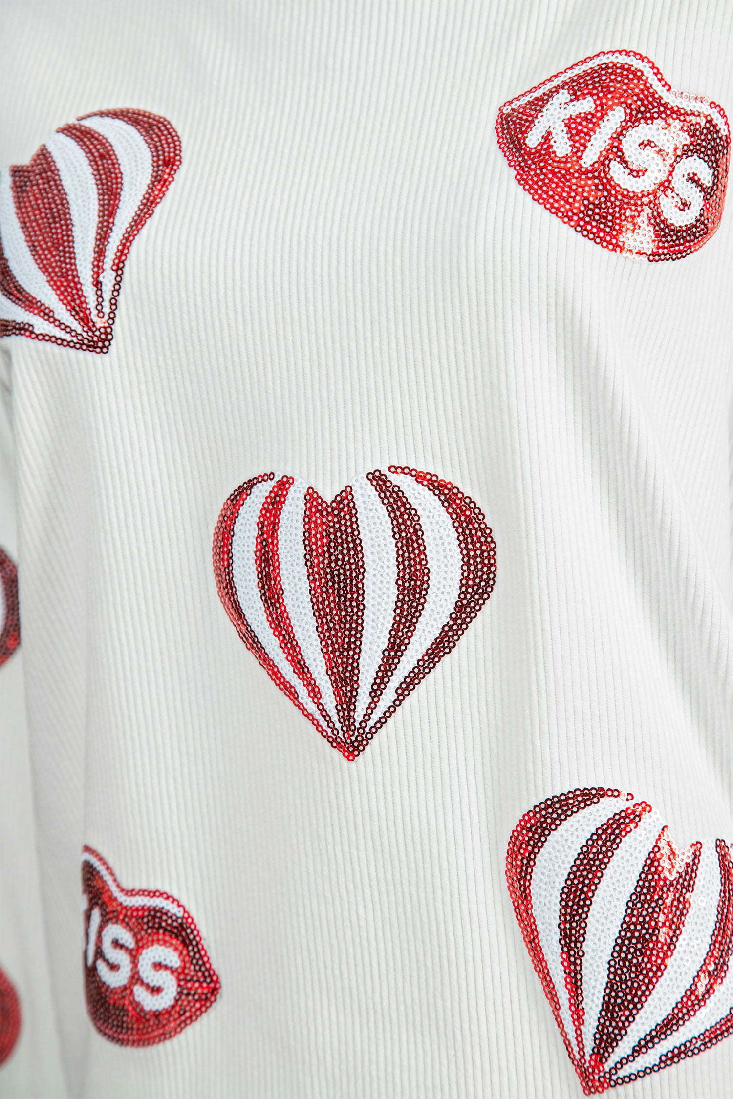 White Corded Ribbed Sequin Patched Valentines Day Graphic Sweatshirt